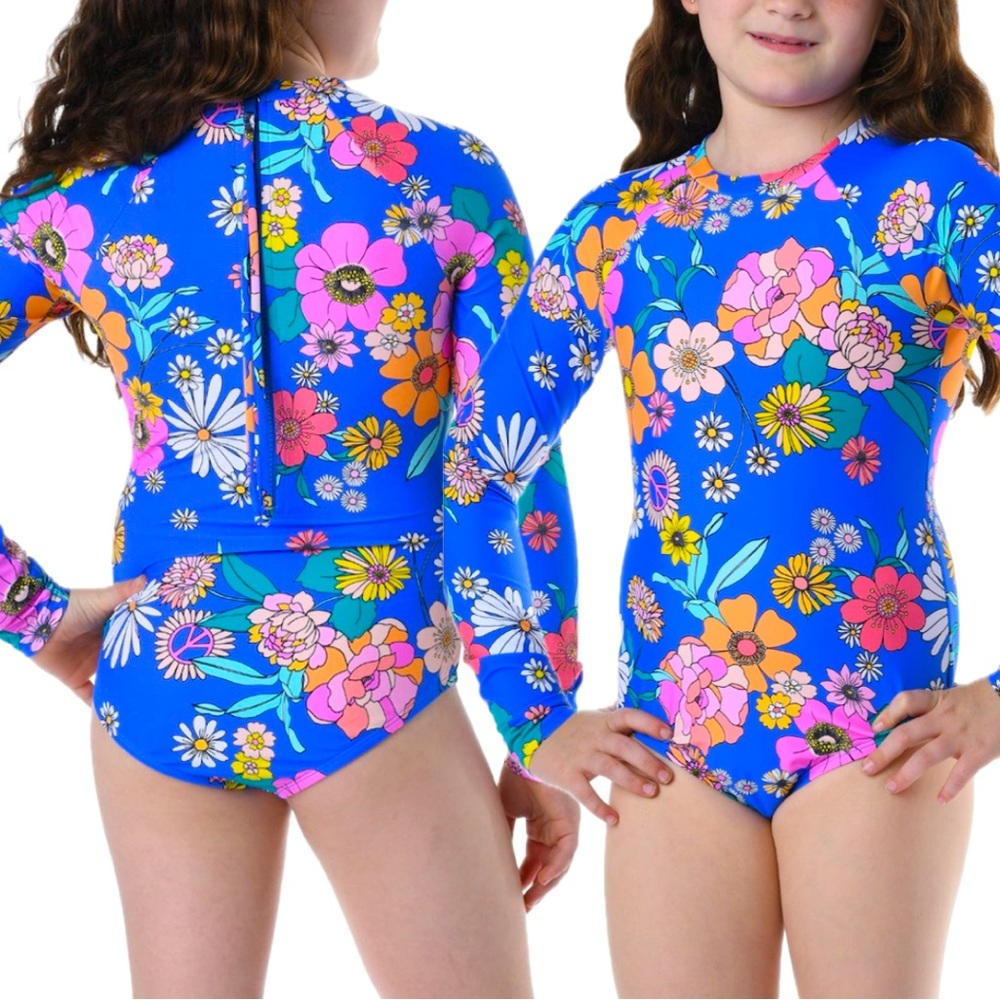 Hobie kids’ peace floral long sleeve one-piece rashguard